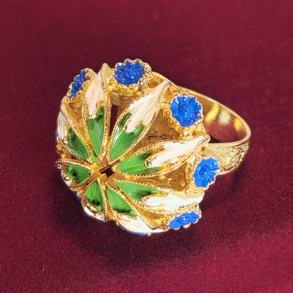 Vintage Florenza Enamel Flower Dome Cocktail Ring Gold Tone Blue Green White